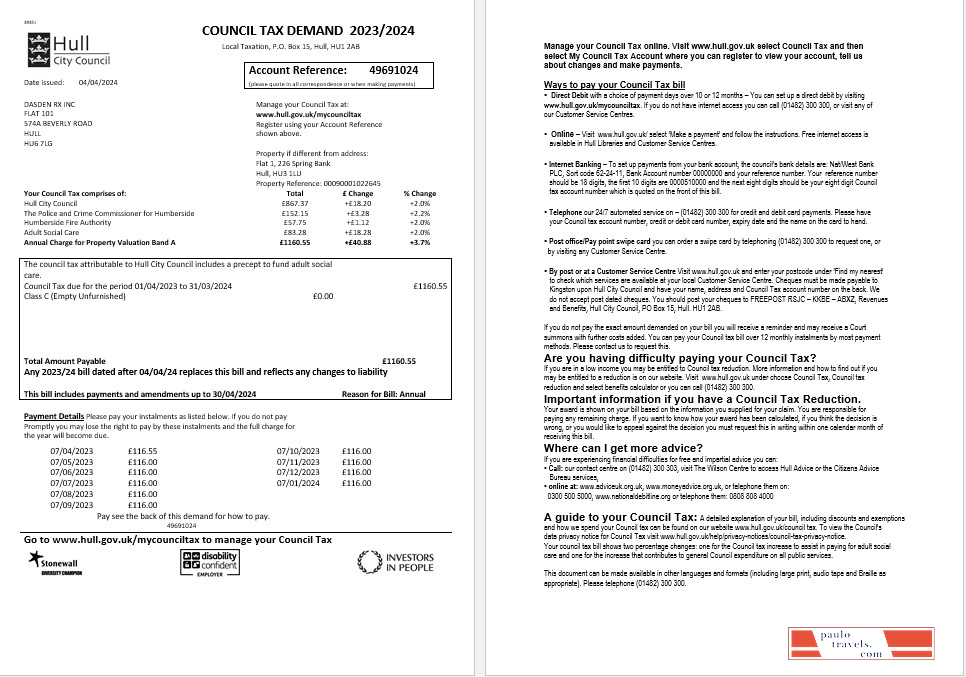 United Kingdom Hull City Council business utility bill template in Word and PDF formats, 2 pages
